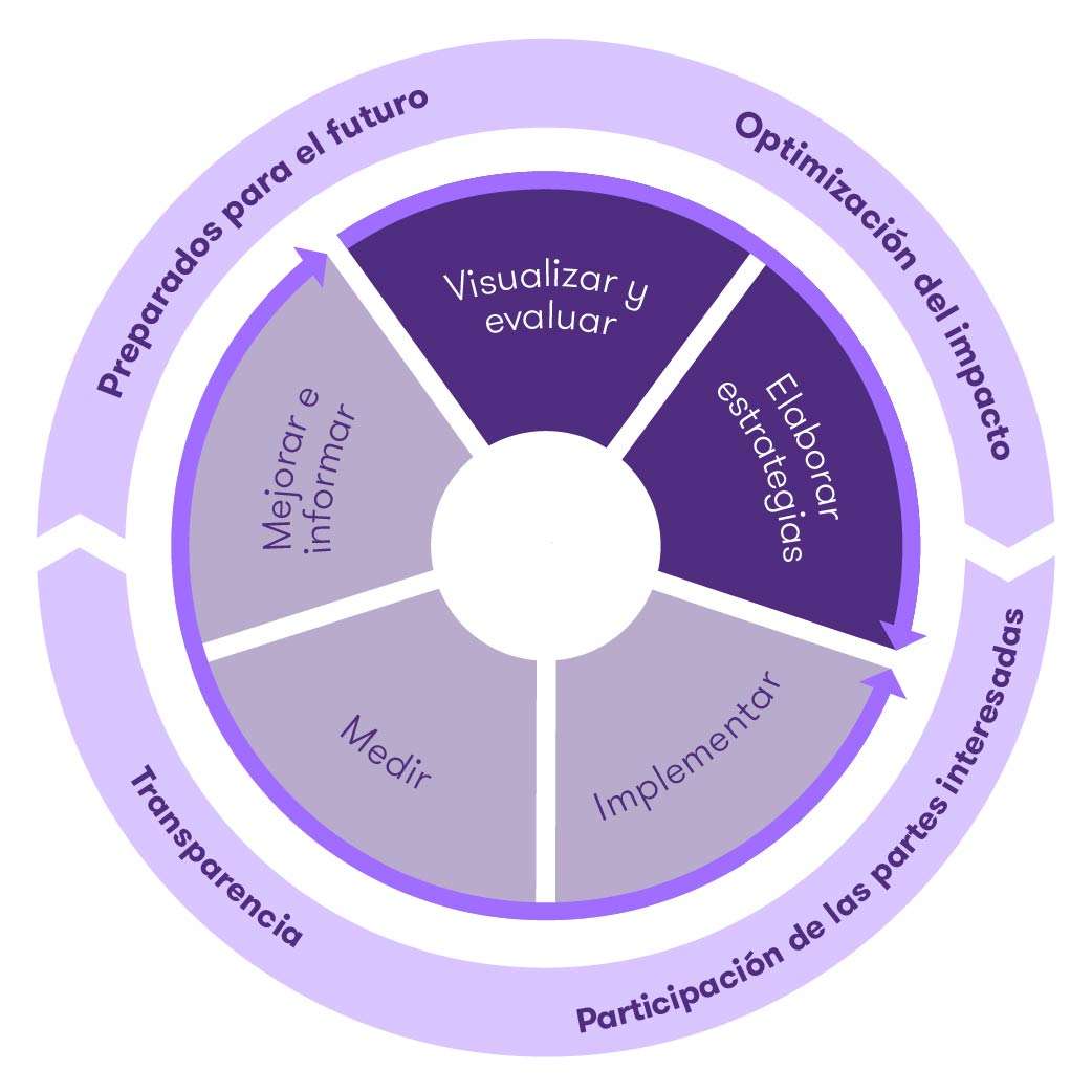 Diagrama que muestra dos círculos concéntricos con etiquetas. El círculo interior está dividido en 5 etapas de un proceso, en sentido horario desde la parte superior: Los dos segmentos superiores son de color morado oscuro: Visualizar y evaluar, y Elaborar estrategias. Los tres segmentos inferiores son de color morado claro: Implementar, Medir y Mejorar e informar. Anillo exterior: Un anillo uniforme de color lavanda claro dividido en dos mitades por flechas en sentido horario. Contiene cuatro etiquetas: Adaptación al futuro y Optimización del impacto en la parte superior, y Participación de las partes interesadas y Transparencia en la parte inferior.