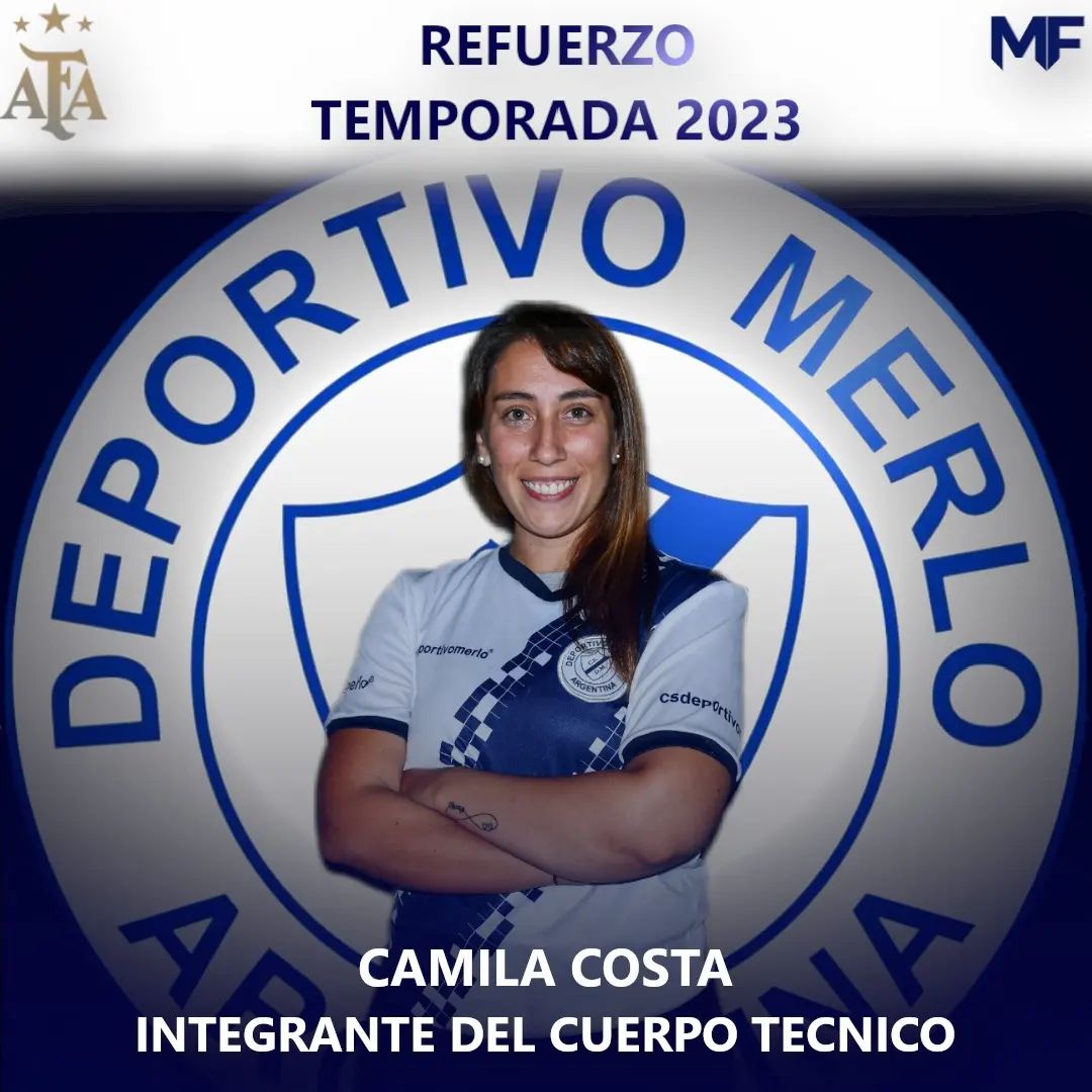 Foto del Club Social y Deportivo Merlo anunciando la presentación de Camila como miembro del cuerpo técnico 2023