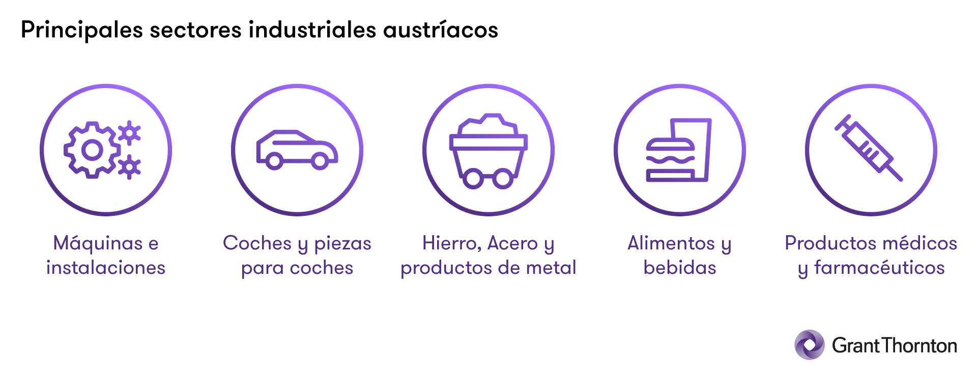Principales sectores industriales austríacos: Máquinas e instalaciones, Coches y piezas para coches, Hierro, Acero y productos de metal, Alimentos y bebidas, y Productos médicos y farmacéuticos