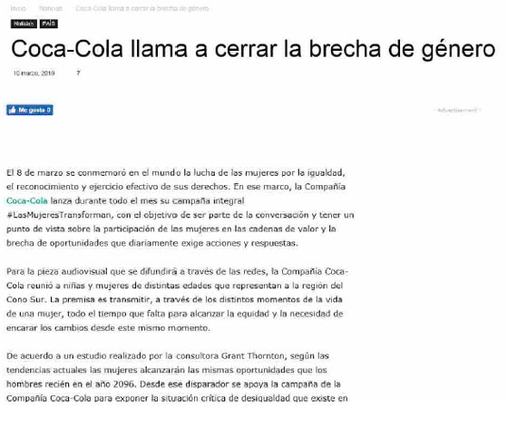 Nota Presente - Coca-cola llama a cerrar brecha de género