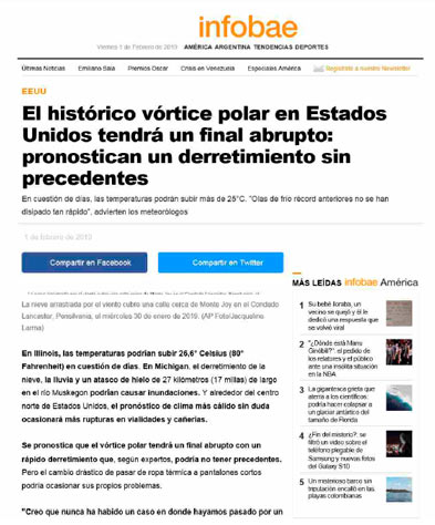 Nota Infobae - Histórico vórtice polar en EEUU